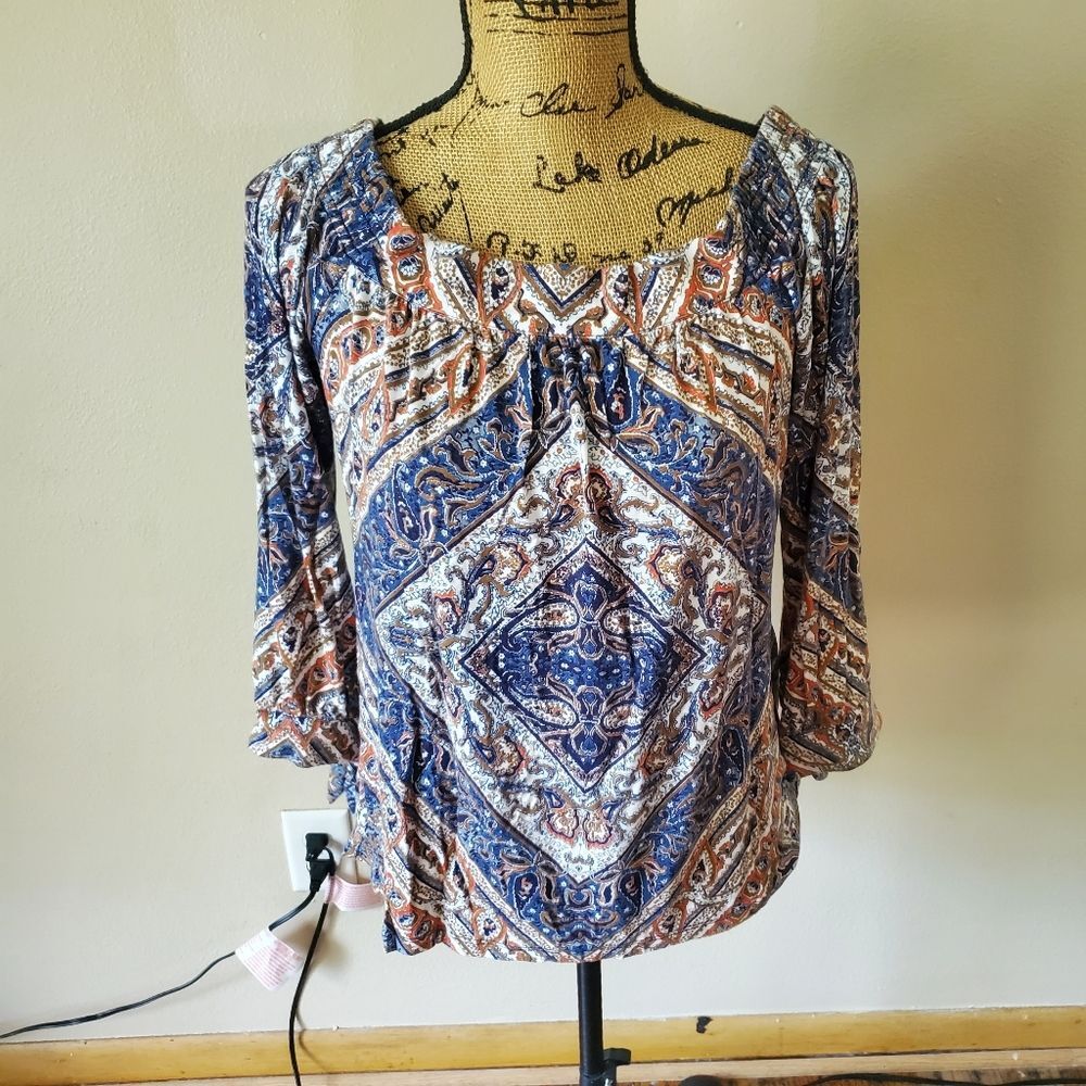Daniel Rainn Boho Blouse Small S Blue Geometric Paisley Mesh Neck Peasant Top